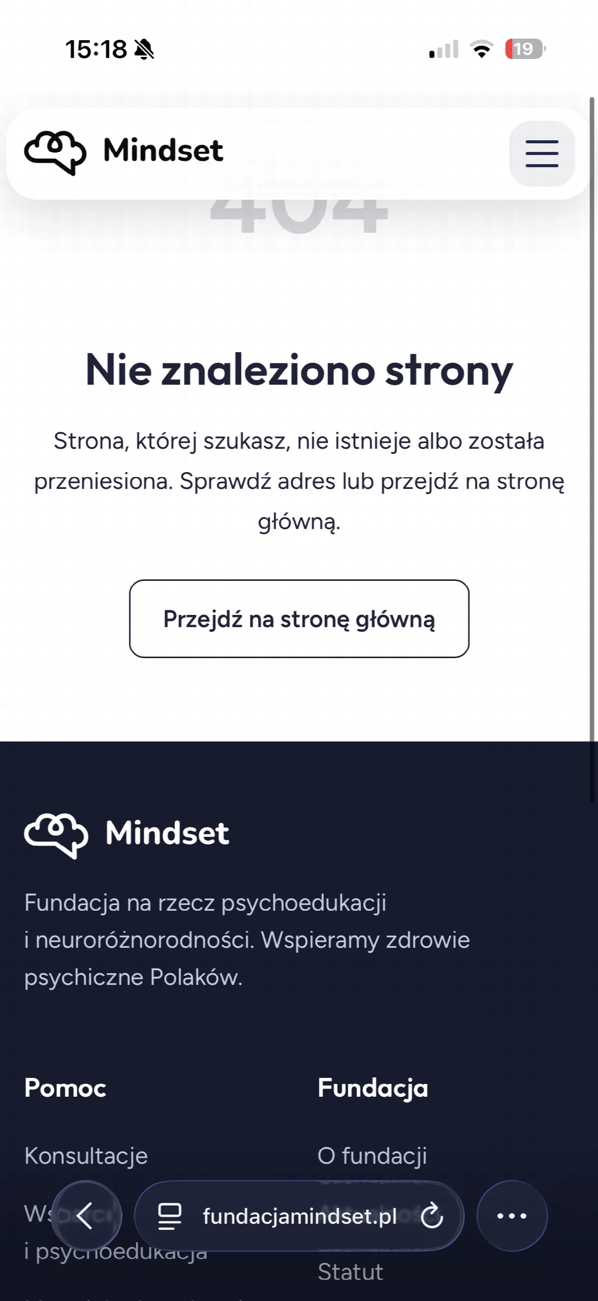 Zrzut ekranu strony fundacji na telefonie