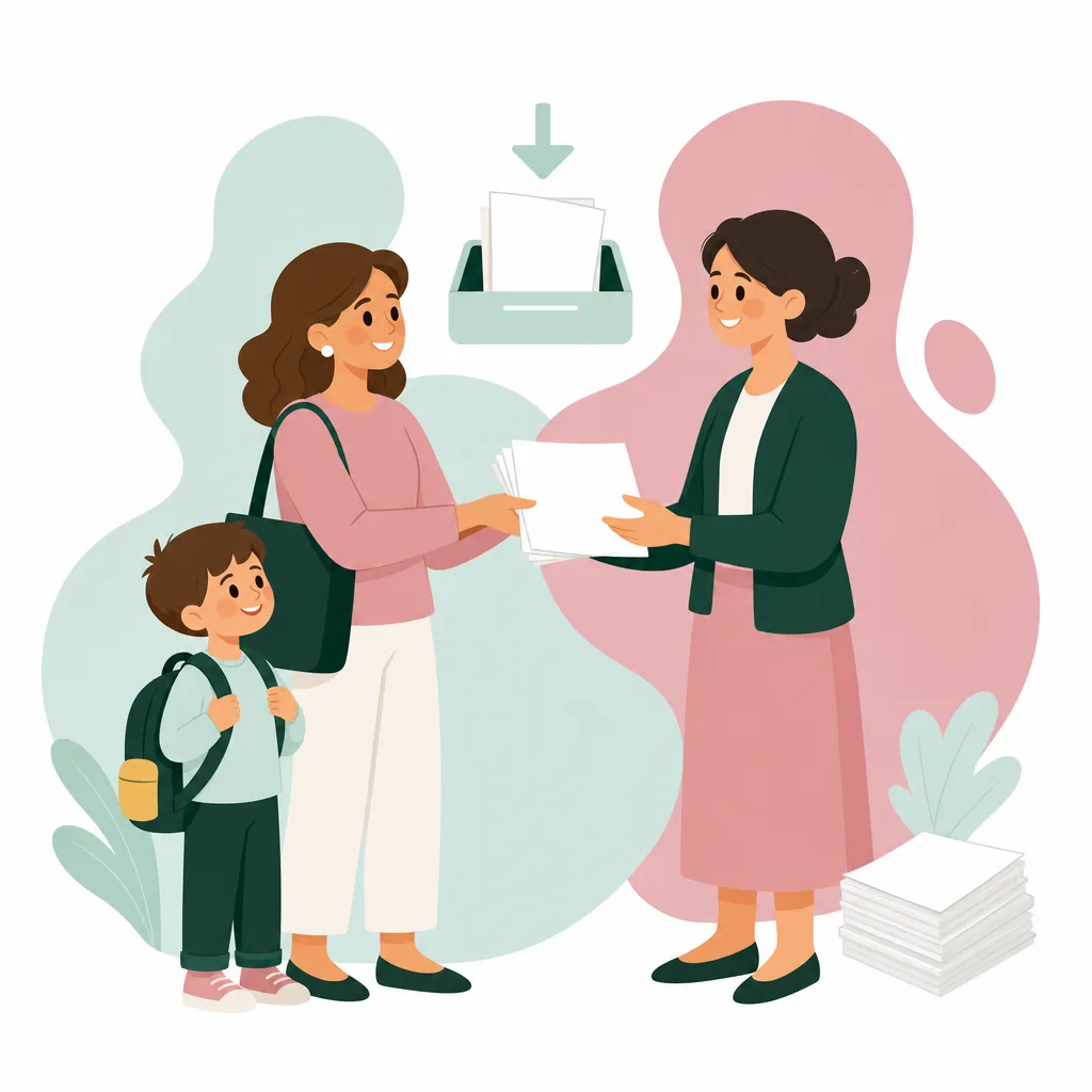 Ilustracja: mama z synem przekazuje nauczycielce wydrukowane materiały